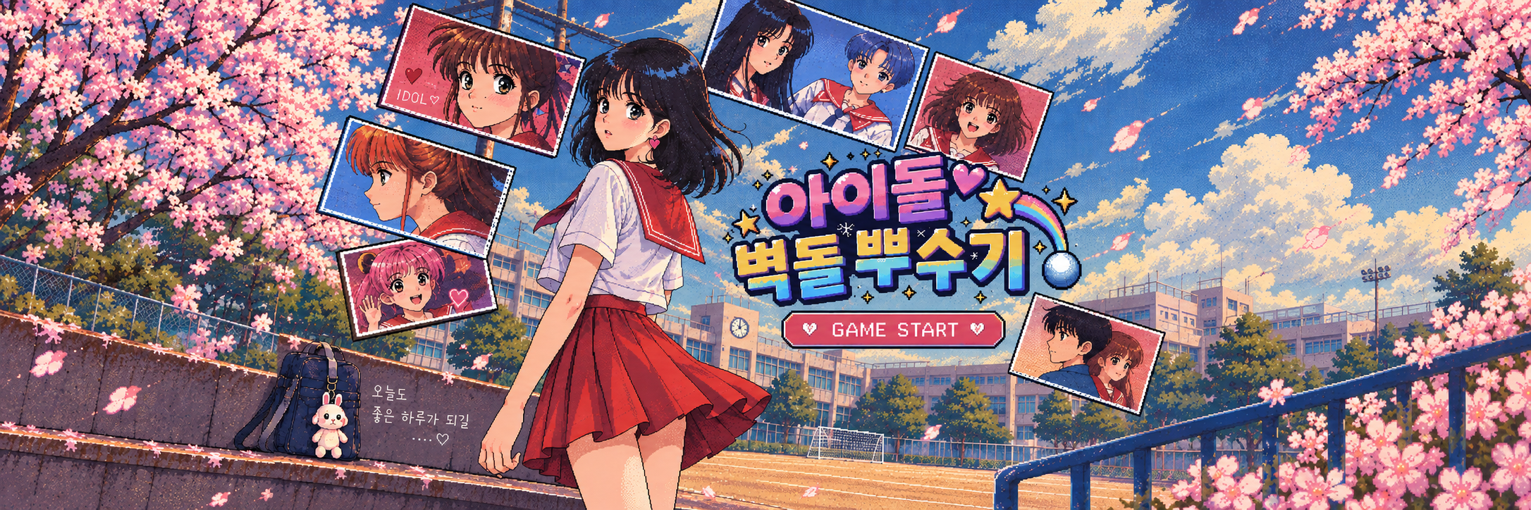 벚꽃이 피어난 학교를 배경으로 한 아이돌 벽돌 부수기 게임 타이틀